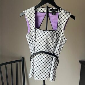 WHBM Plaid Peplum Top with Bow Belt & Purple Lining - Women’s Size 2